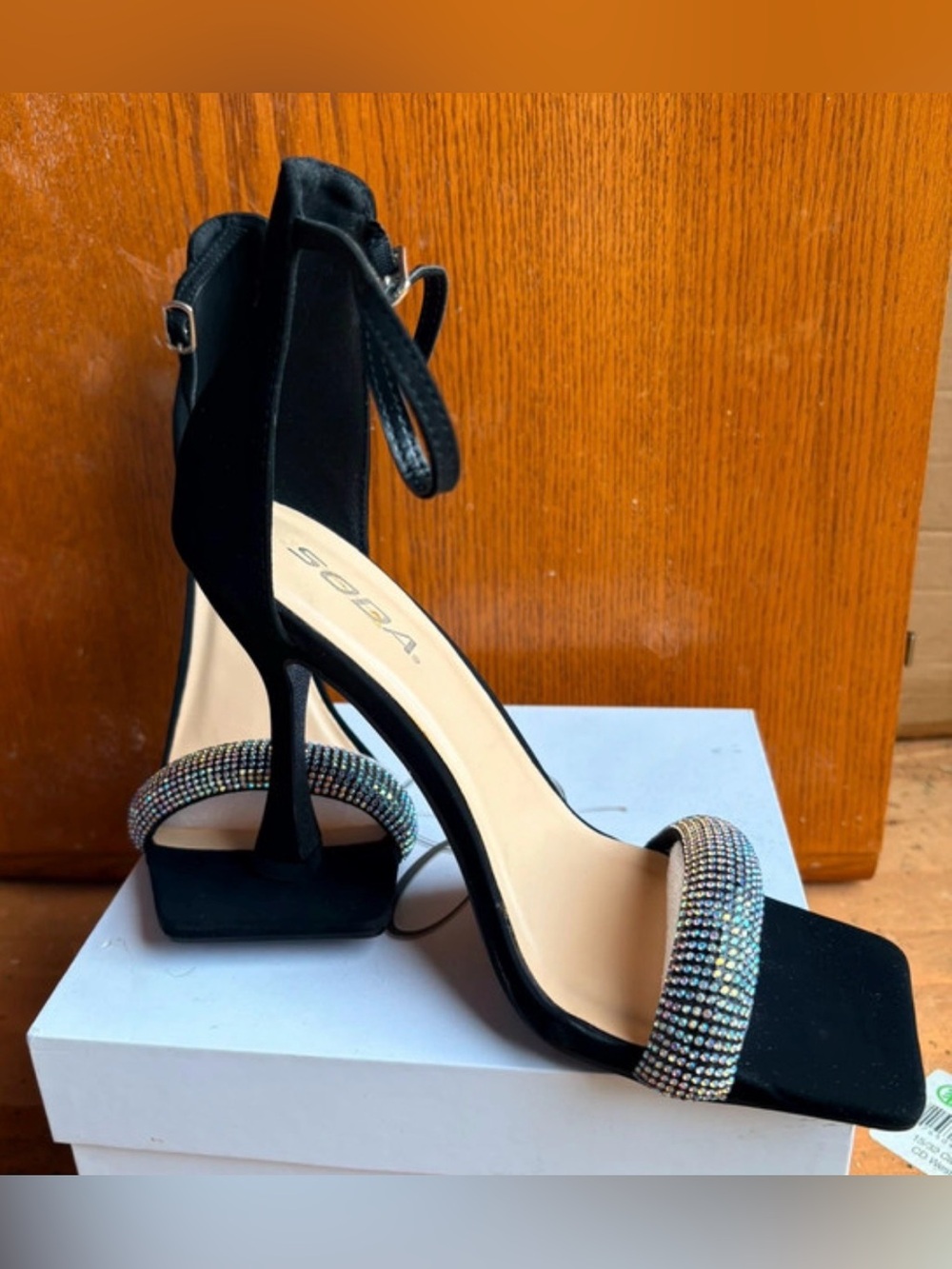 Soda Black Ankle-Strap Stiletto Sandals with Crystal-Embellished Toe Strap